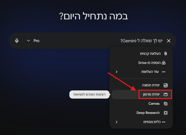 בחירת יצירת סרטון בתפריט הפלוס