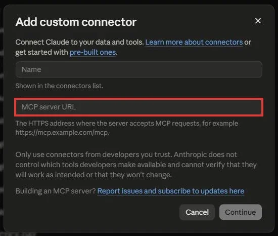 החלונית Add custom connector: שדה Name ושדה MCP server URL (מסומן), והכפתור Continue