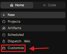 הפריט Customize מסומן בסרגל הצד