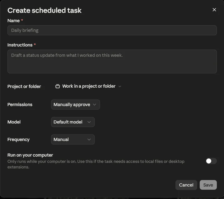 חלון Create scheduled task עם שדות שם, הוראות, פרויקט, הרשאות, מודל ותדירות