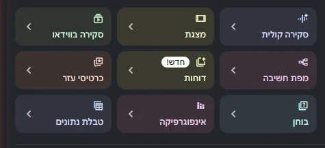 פנל Studio של Gemini Notebook עם תשעה תוצרים: סקירה קולית, מצגת, סקירה בווידאו, מפת חשיבה, דוחות המסומן כחדש, כרטיסי עזר, בוחן, אינפוגרפיקה וטבלת נתונים