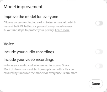 פאנל Model improvement עם המתג כבוי ומתגי ההקלטות של Voice
