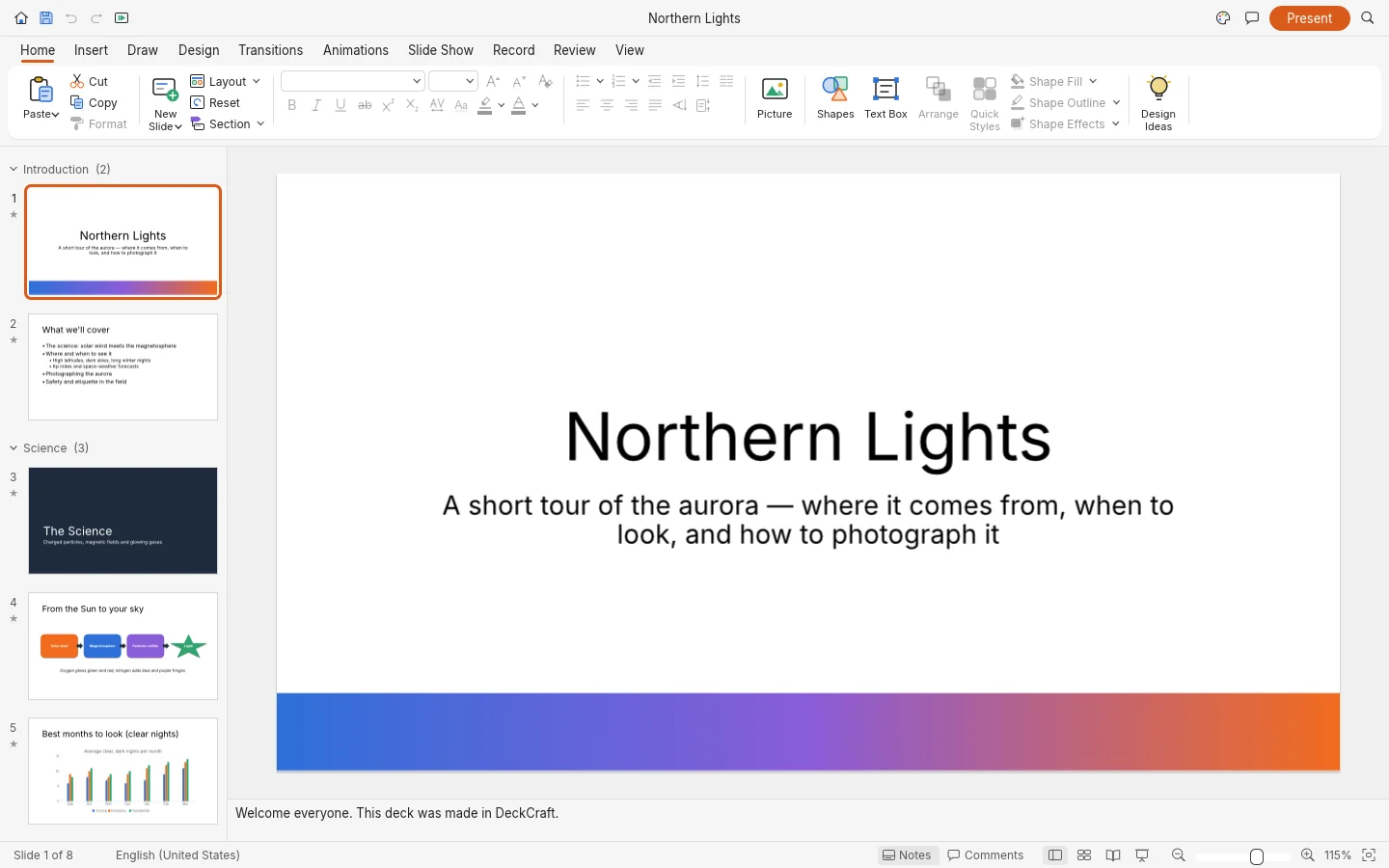 DeckCraft עם מצגת הדגמה בשם Northern Lights: רשימת שקופיות בצד ושקופית פתיחה גדולה