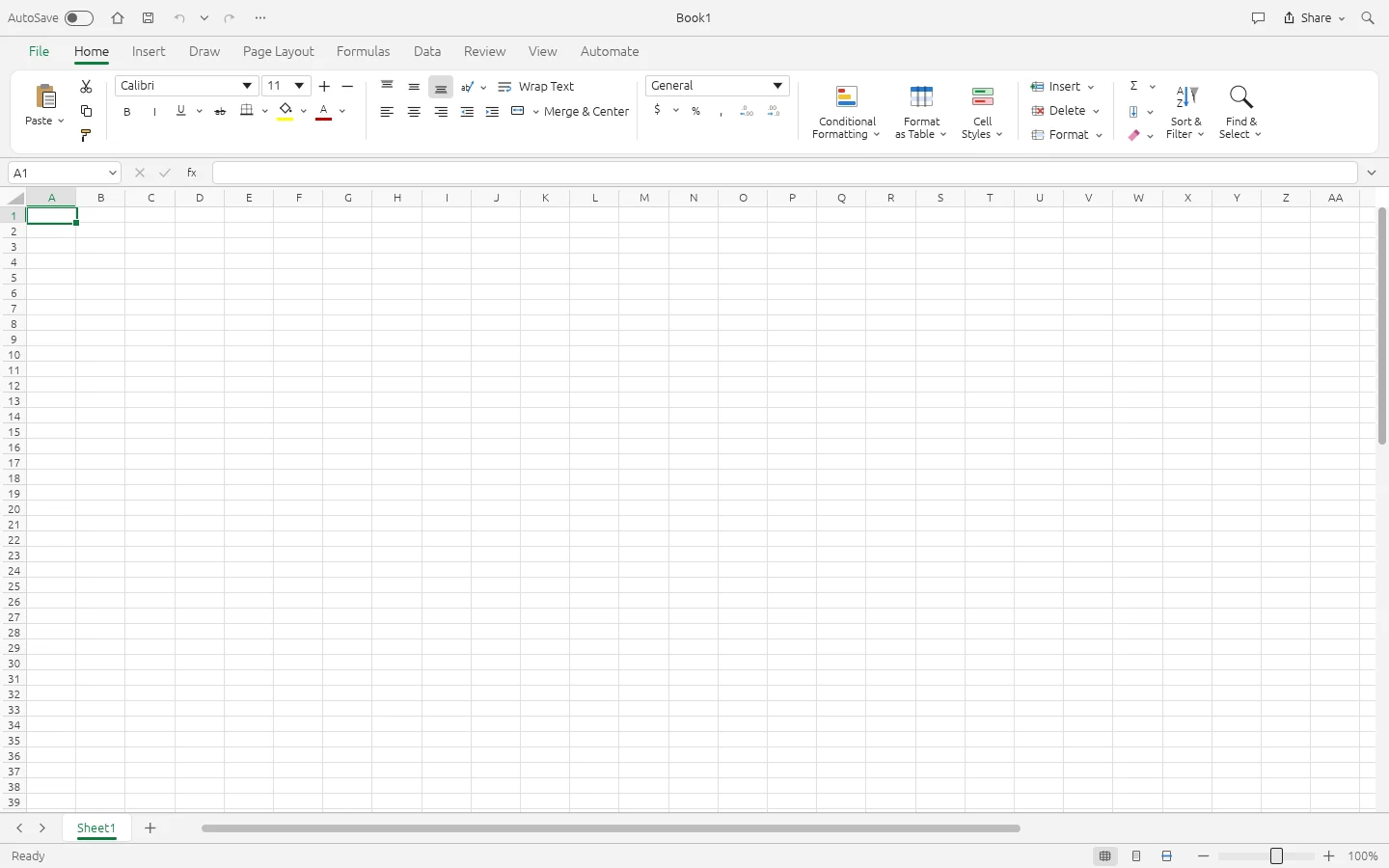 GridCraft עם גיליון ריק: רצועת כלים עם Conditional Formatting, Format as Table ו-Sort and Filter, ושורת נוסחאות