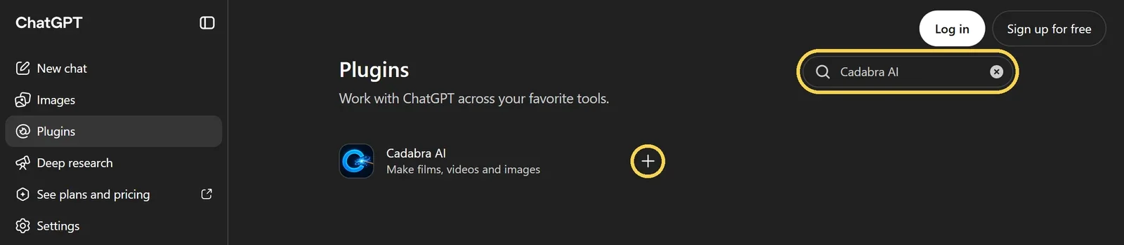 עמוד Plugins עם החיפוש Cadabra AI והתוצאה