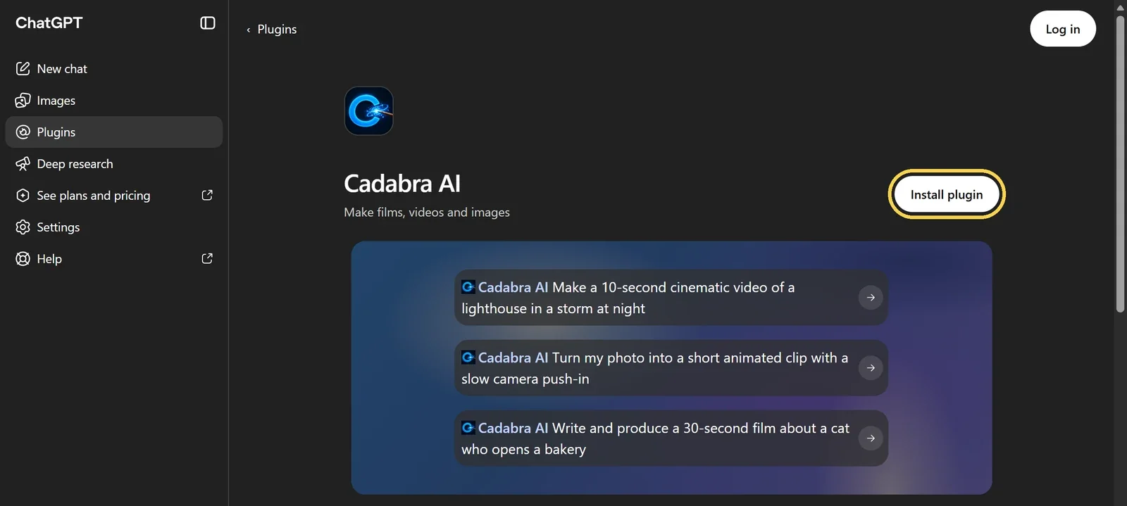 הדף של Cadabra AI בחנות התוספים עם הכפתור Install plugin
