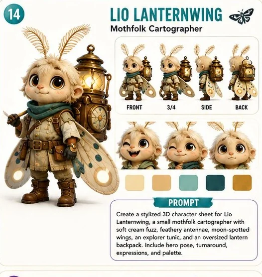 דף דמות של LIO LANTERNWING — פוזה ראשית, טרנאראונד, הבעות ופלטת צבעים
