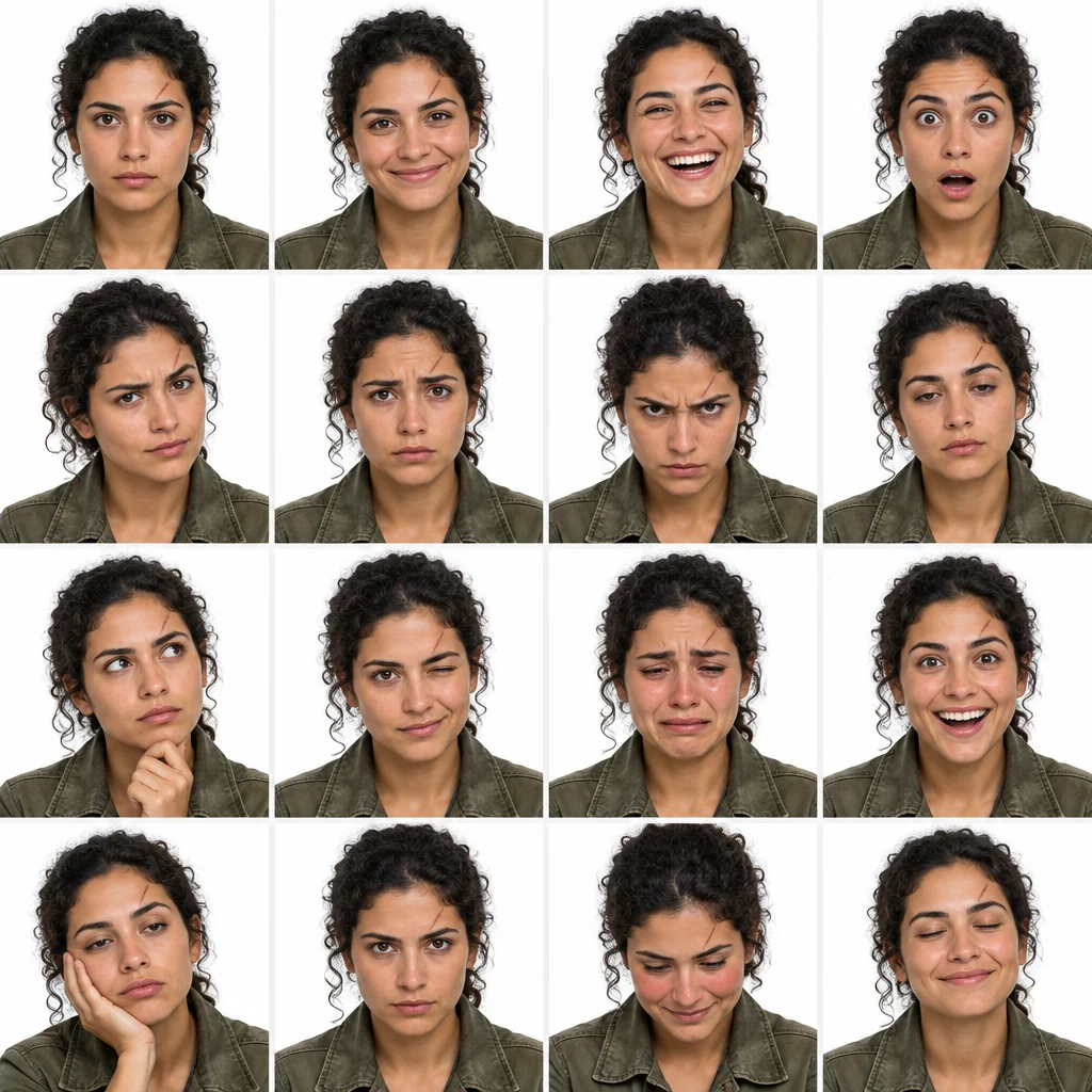 דף הבעות בשש עשרה פאנלים של אותה דמות