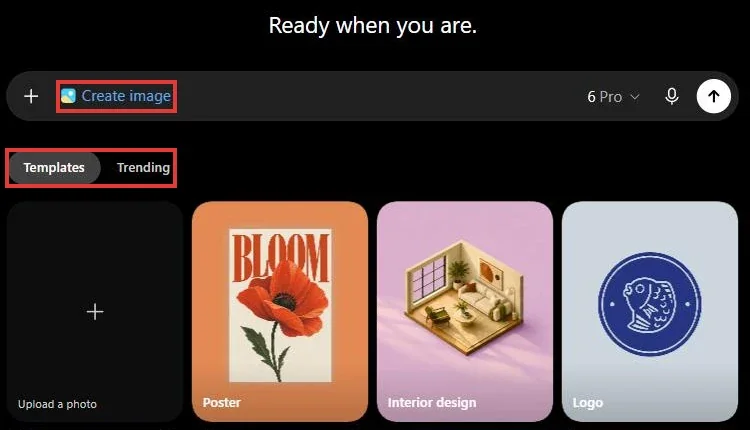 מצב Create image בתיבת ההודעה, ומתחתיה גלריית Templates / Trending