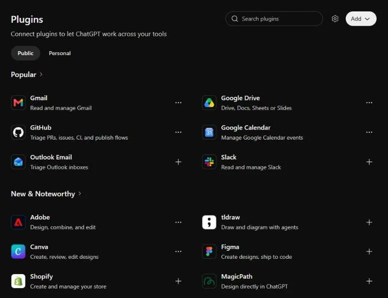 ספריית ה-Plugins ב-ChatGPT: Gmail, Google Drive, GitHub, Google Calendar, Outlook ו-Slack בראש הרשימה