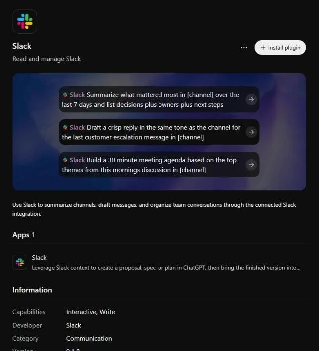 עמוד הפלאגין של Slack עם כפתור Install plugin, דוגמאות לבקשות ופרטי היכולות