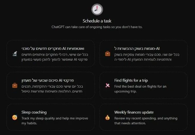 עמוד Scheduled ב-ChatGPT עם הכותרת Schedule a task ושישה רעיונות מוכנים למשימות