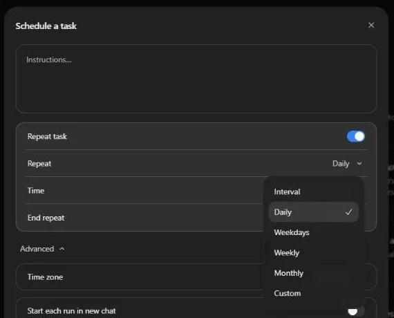 תפריט Repeat עם האפשרויות Interval, Daily, Weekdays, Weekly, Monthly ו-Custom