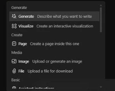 תפריט ה-/ בדף: Generate, Visualize, Page, Image, File, ובהמשך Basic