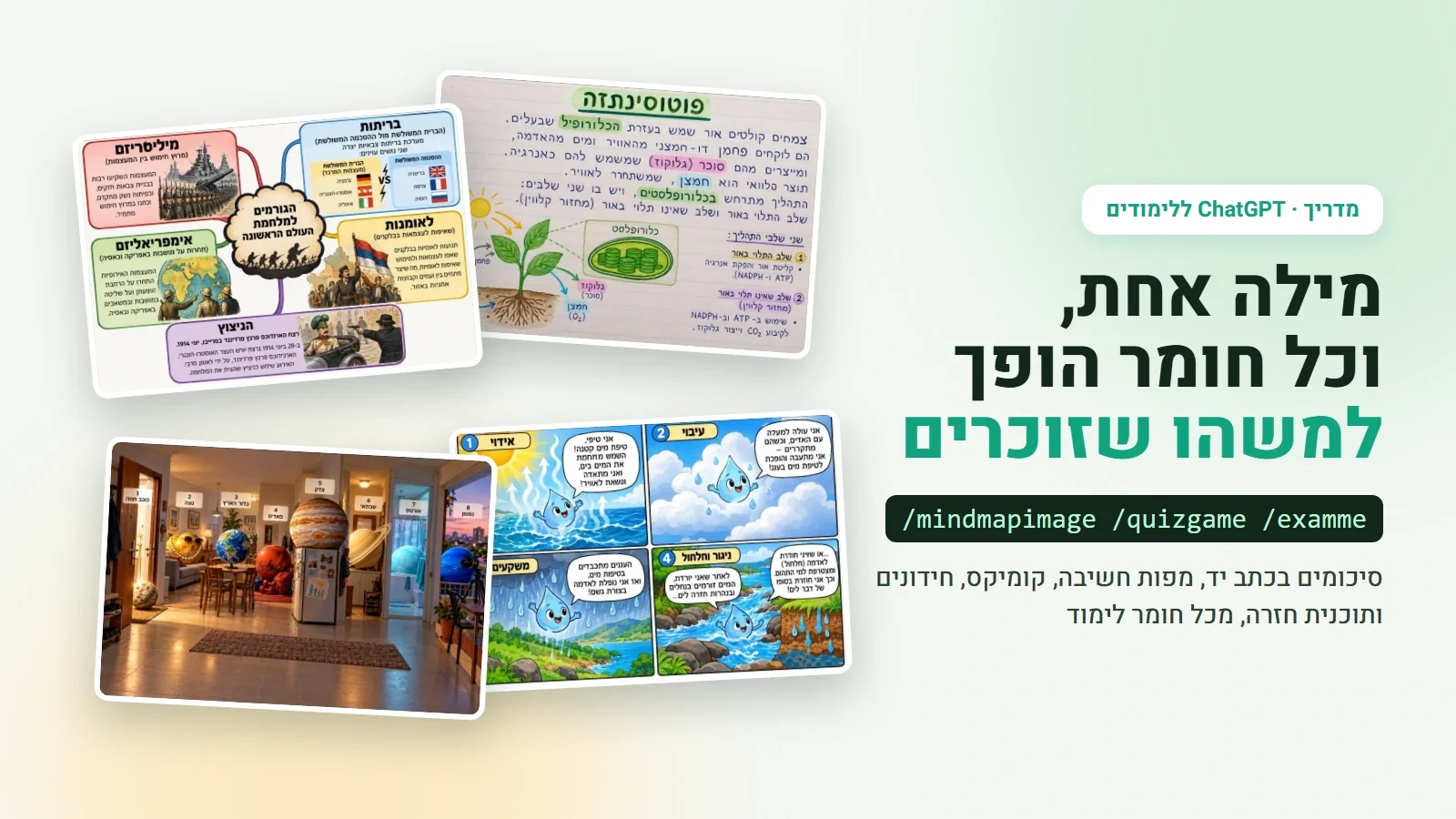 קודים ללימודים ב-ChatGPT: סיכום בכתב יד, מפת חשיבה, קומיקס וארמון זיכרון שנוצרו מחומר לימוד