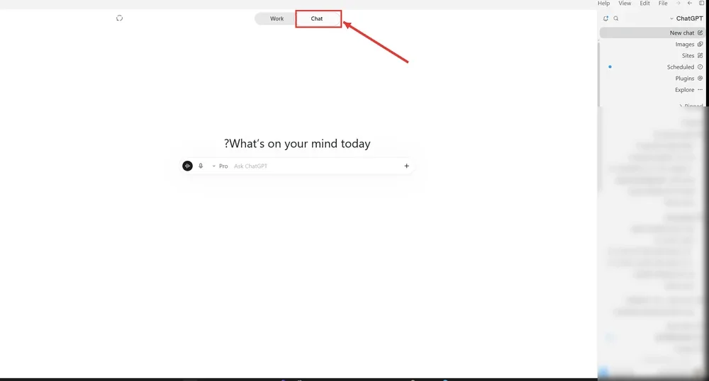 מצב Chat: המתג בראש המסך על Chat ותיבת Ask ChatGPT