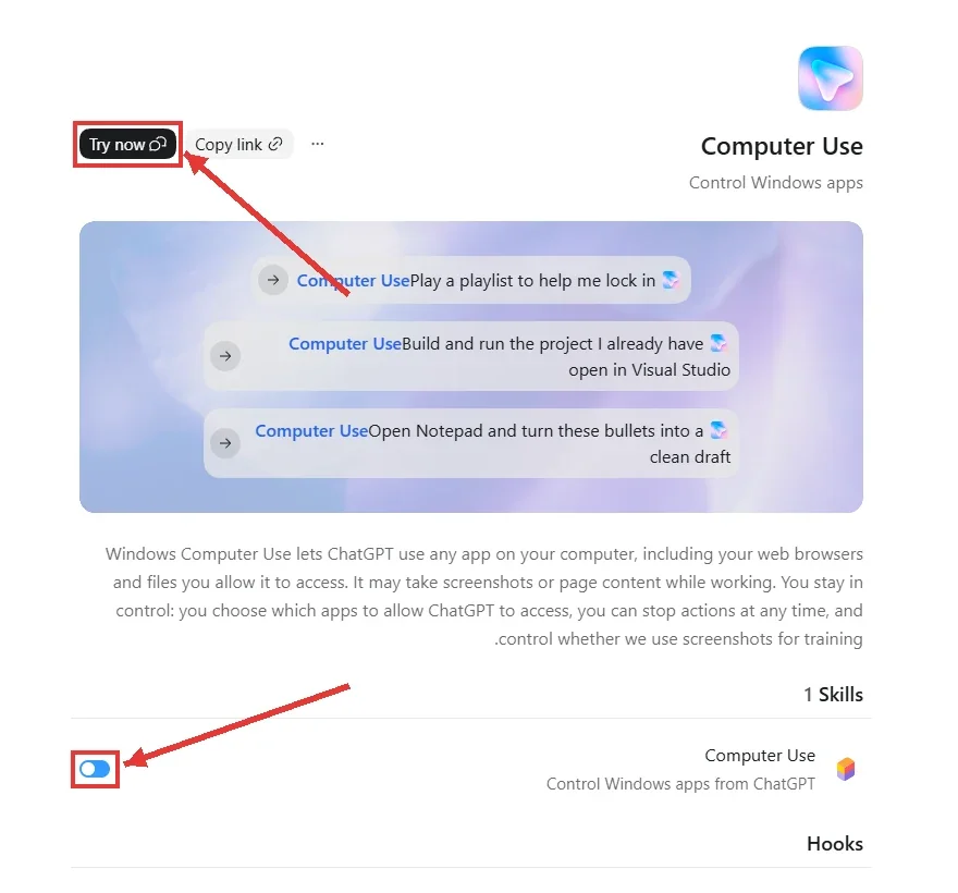עמוד הפלאגין Computer Use: הכפתור Try now והמתג של הסקיל מסומנים