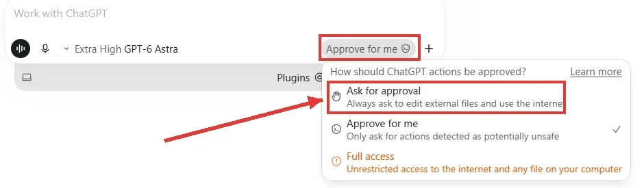 פקד ההרשאות מתחת לתיבת ההודעה פתוח: Ask for approval, ‏Approve for me ו-Full access, ו-Ask for approval מסומן