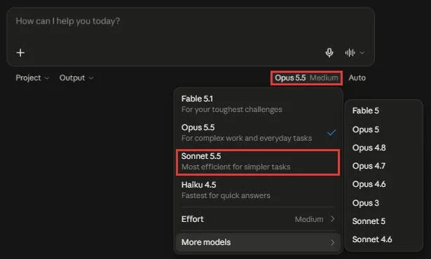 בורר המודלים בצ׳אט של קלוד: Fable 5.1, ‏Opus 5.5 מסומן, ‏Sonnet 5.5 מסומן בריבוע אדום, Haiku 4.5, Effort, ומימין רשימת More models שבה גם Sonnet 5