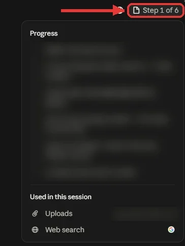 חלונית Progress שנפתחת מהכפתור Step 1 of 6: רשימת שלבי המשימה, ומתחת Used in this session עם Uploads ו-Web search