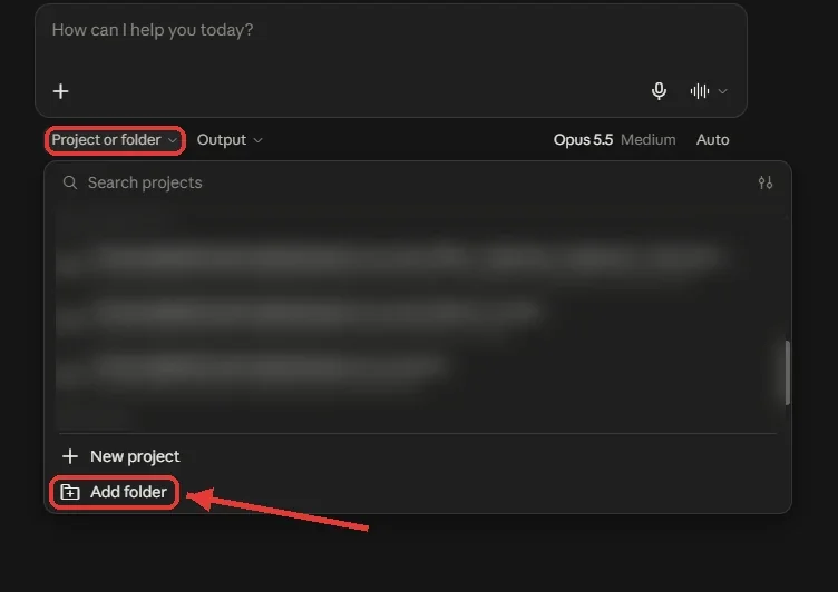 התפריט Project or folder פתוח באפליקציה למחשב, עם New project ו-Add folder מסומן