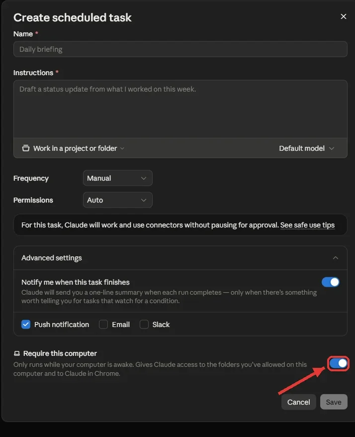 טופס Create scheduled task באפליקציה למחשב, עם Advanced settings פתוח והמתג Require this computer מסומן