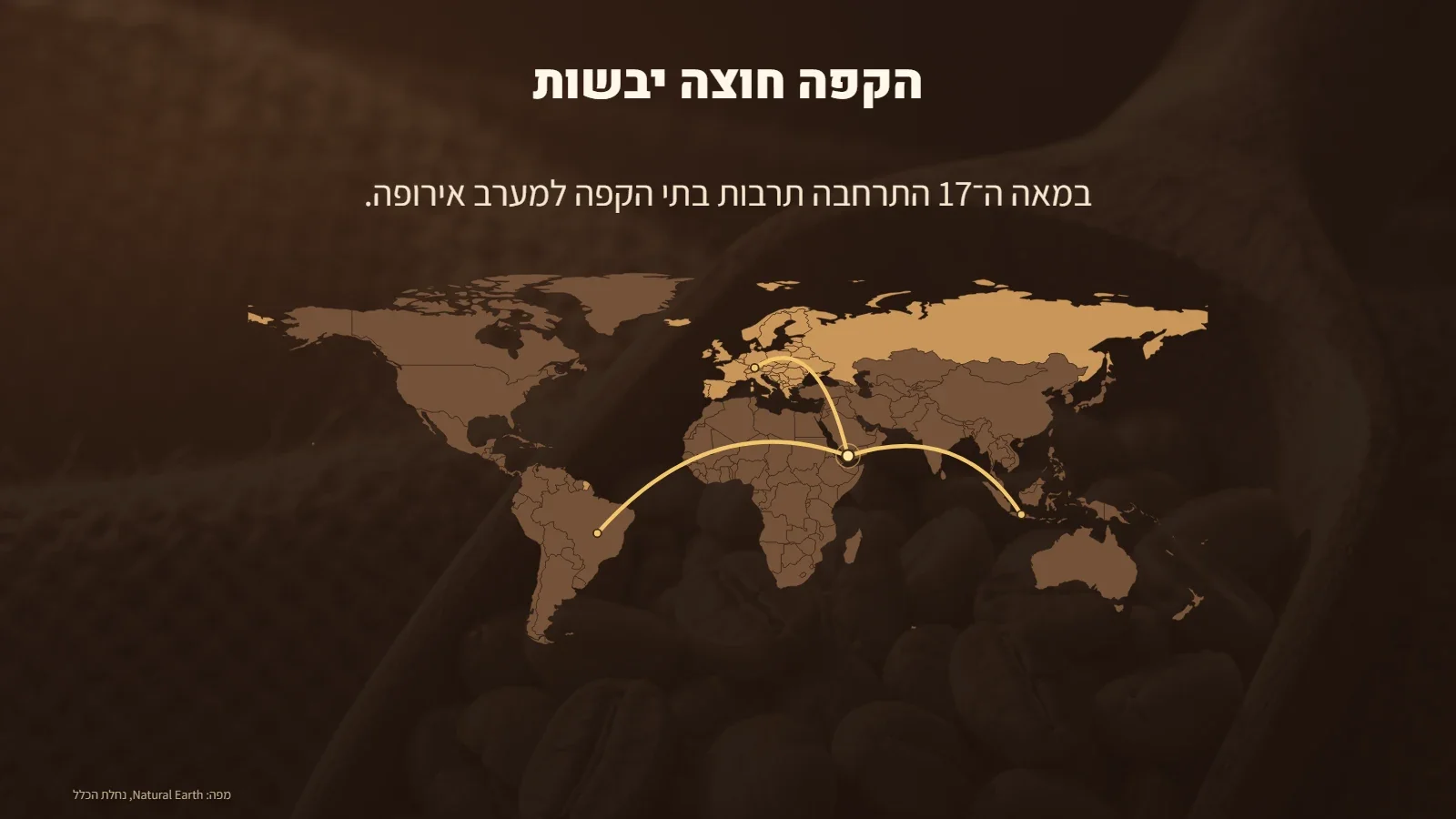 שקף המפה אחרי הבקשה: קווי זהב מודגשים שיוצאים מתימן לאירופה, לאסיה ולדרום אמריקה