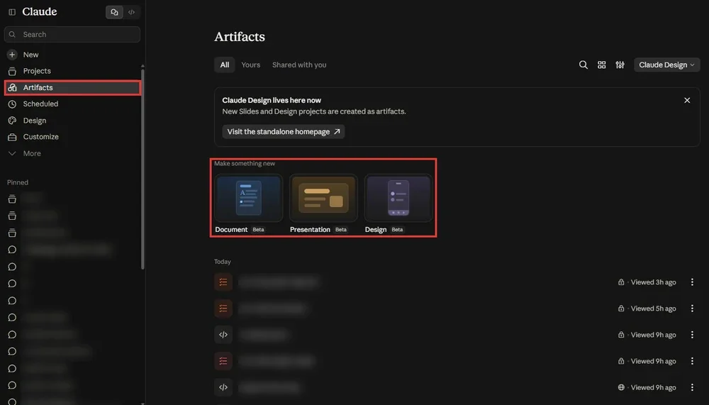 עמוד Artifacts עם הלשוניות All, Yours ו-Shared with you, ומתחתן Make something new עם Document, Presentation ו-Design
