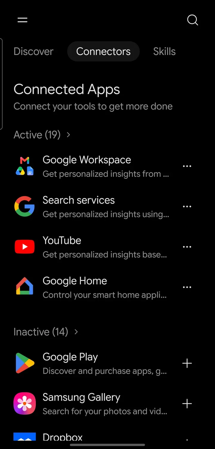 לשונית Connectors: 19 שירותים פעילים, ביניהם Google Workspace, Search services, YouTube ו-Google Home, ו-14 לא פעילים כמו Google Play ו-Samsung Gallery