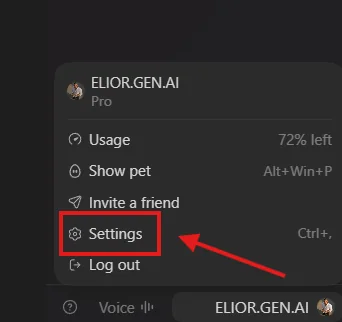 תפריט המשתמש בתחתית אפליקציית ChatGPT, עם האפשרות Settings מסומנת