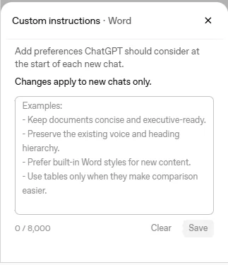 חלון Custom instructions של Word עם דוגמאות ומונה של 8,000 תווים