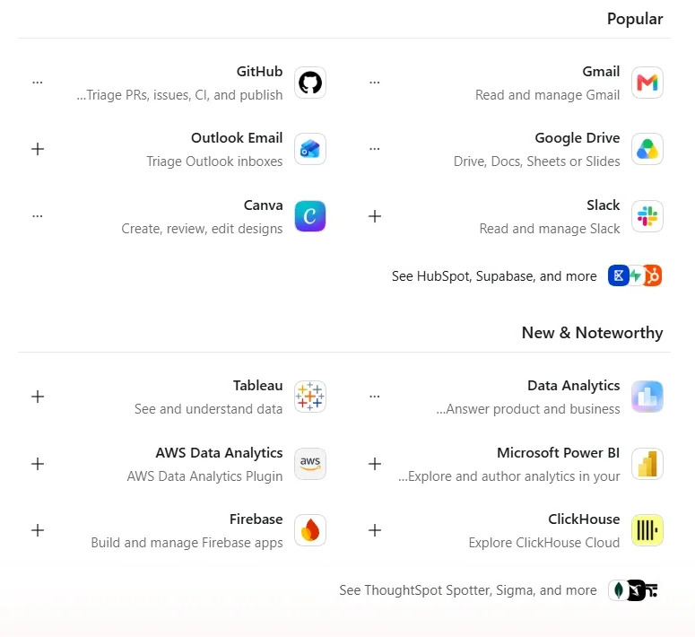 ספריית ה-Plugins של ChatGPT: החיבורים הפופולריים — GitHub, Gmail, Outlook, Google Drive, Canva ו-Slack — ומתחתיהם חיבורים חדשים