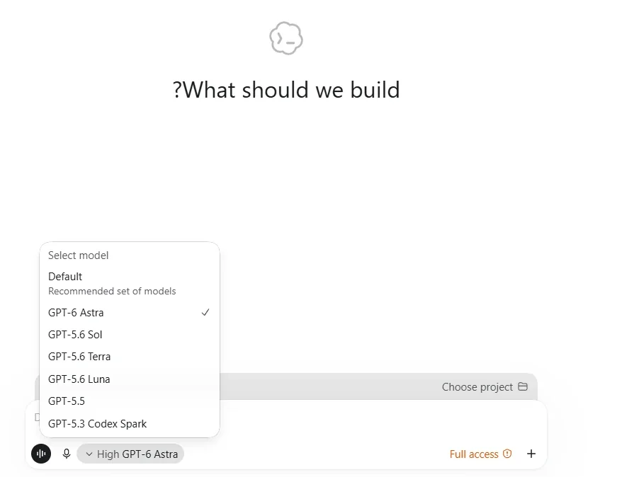 מסך Codex באפליקציית ChatGPT עם הכיתוב What should we build ורשימת Select model פתוחה, GPT-6 Astra מסומן