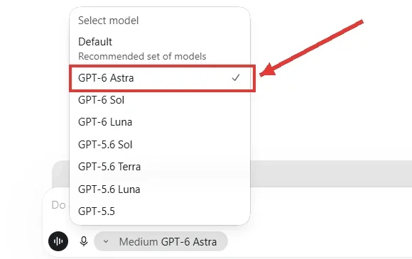 רשימת Select model בקודקס: Default, ‏GPT-6 Astra (מסומן), ‏GPT-6 Sol, ‏GPT-6 Luna, ואחריהם GPT-5.6 Sol, ‏Terra, ‏Luna ו-GPT-5.5