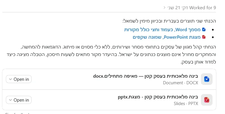 סיום משימה ב-ChatGPT Work: הודעת סיכום בעברית ושני קבצים מוכנים להורדה — מסמך Word ומצגת PowerPoint