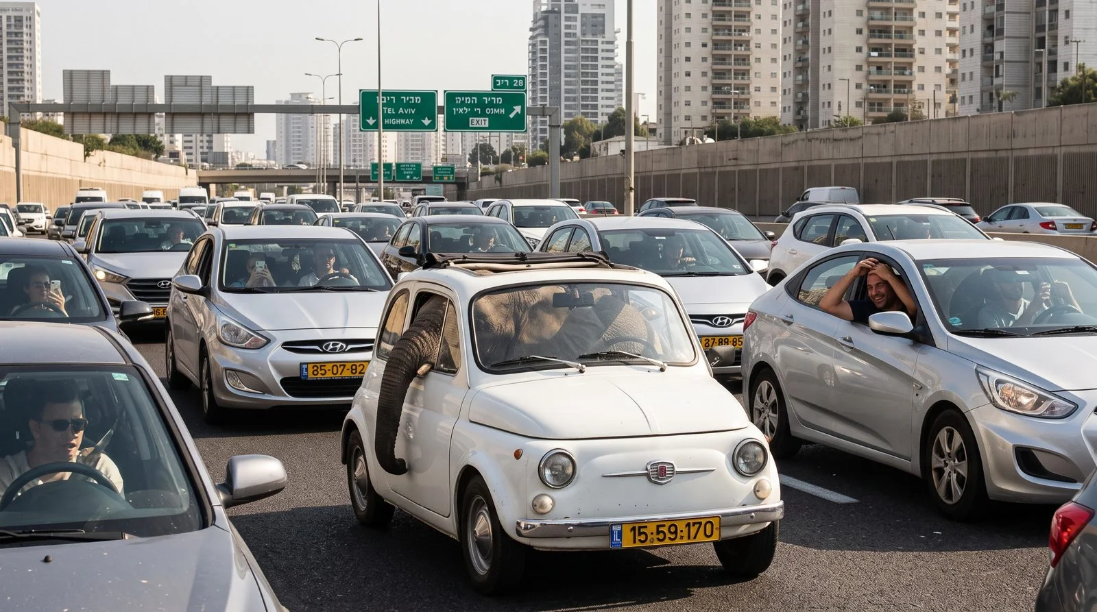 פקק תנועה בכביש מהיר בתל אביב, וחדק של פיל יוצא מחלון של פיאט לבנה
