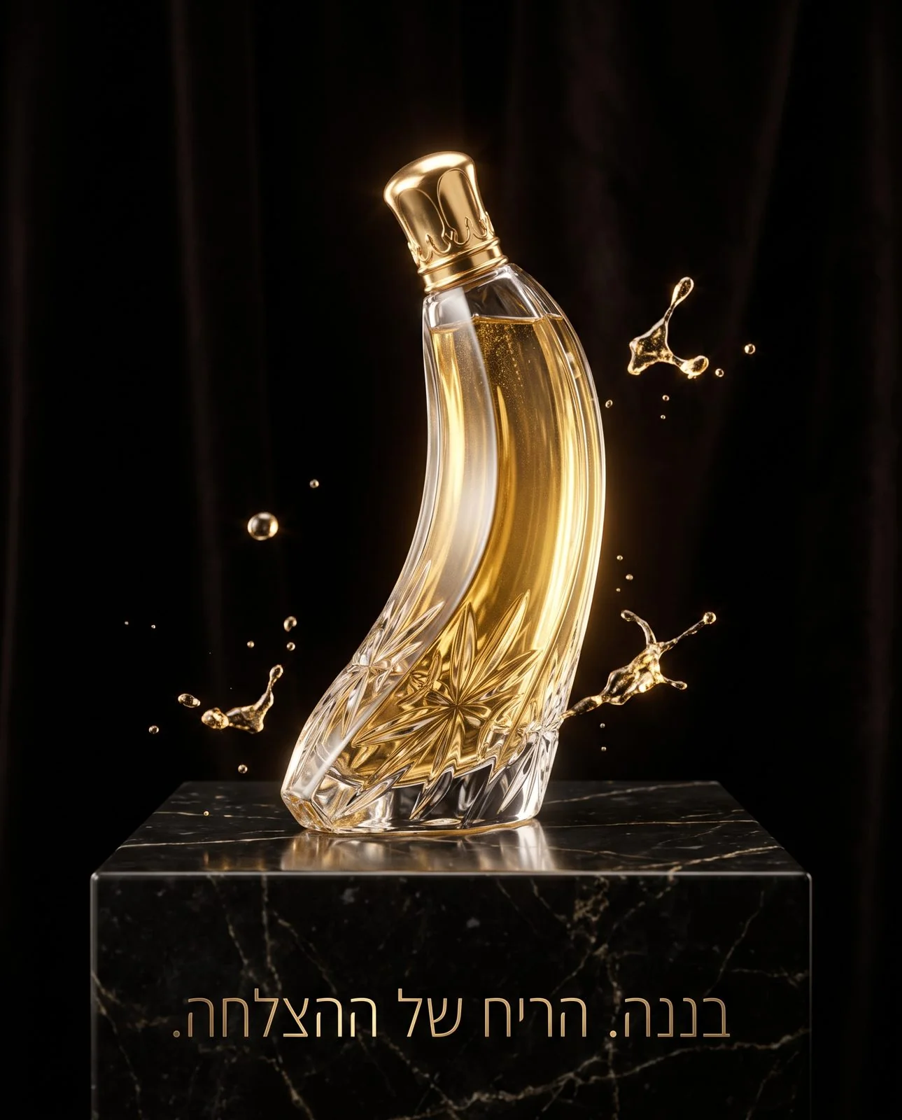 בקבוק בושם קריסטל בצורת בננה עם פקק זהב על שיש שחור