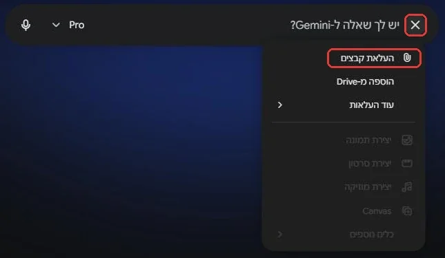 תפריט הפלוס בתיבת הכתיבה של Gemini, עם העלאת קבצים מסומן