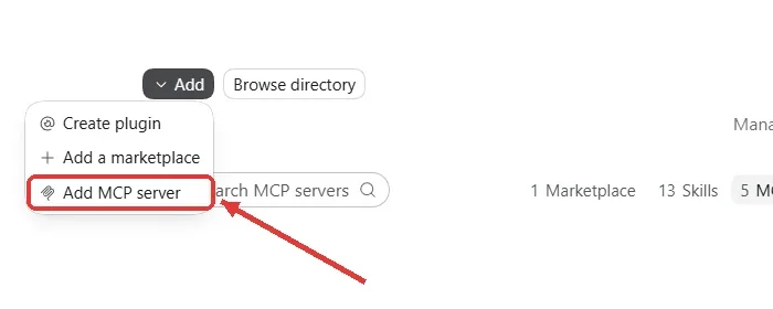 תפריט Add בעמוד Plugins באפליקציית צ׳אט ג׳יפיטי, עם Add MCP server מסומן