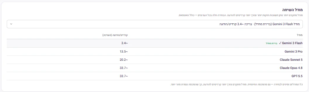 מודל השיחה וטבלת הצריכה לכל מודל
