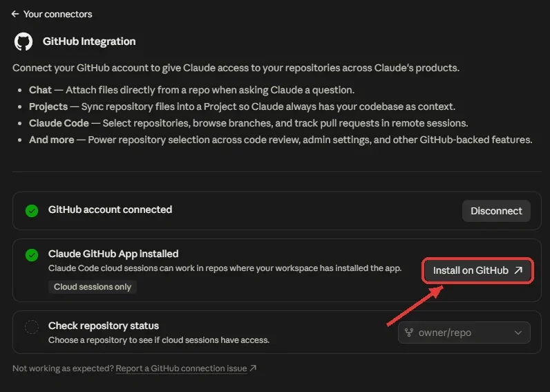 עמוד GitHub Integration בהגדרות קלוד: GitHub account connected, Claude GitHub App installed עם הכפתור Install on GitHub מסומן, ו-Check repository status