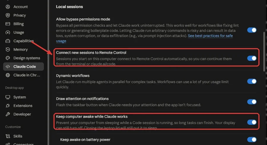 הגדרות Claude Code באפליקציה למחשב: Connect new sessions to Remote Control ו-Keep computer awake while Claude works מסומנים