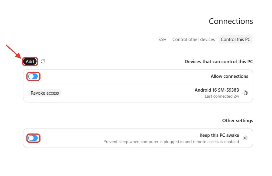 מסך Connections בצ׳אט ג׳יפיטי למחשב, לשונית Control this PC: הכפתור Add, המתג Allow connections והמתג Keep this PC awake מסומנים