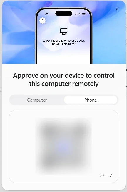 חלון הצימוד Approve on your device to control this computer remotely, בלשונית Phone, עם קוד QR מטושטש