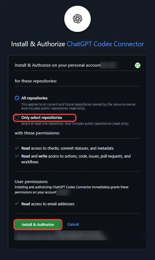 גיטהאב: Install & Authorize ChatGPT Codex Connector, עם Only select repositories והכפתור Install & Authorize מסומנים