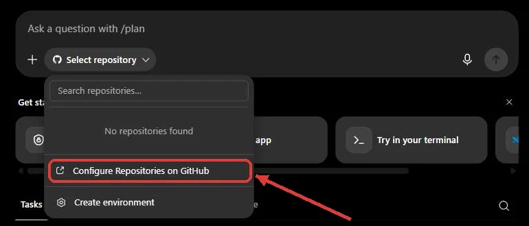 התפריט Select repository בקודקס: No repositories found, ו-Configure Repositories on GitHub מסומן