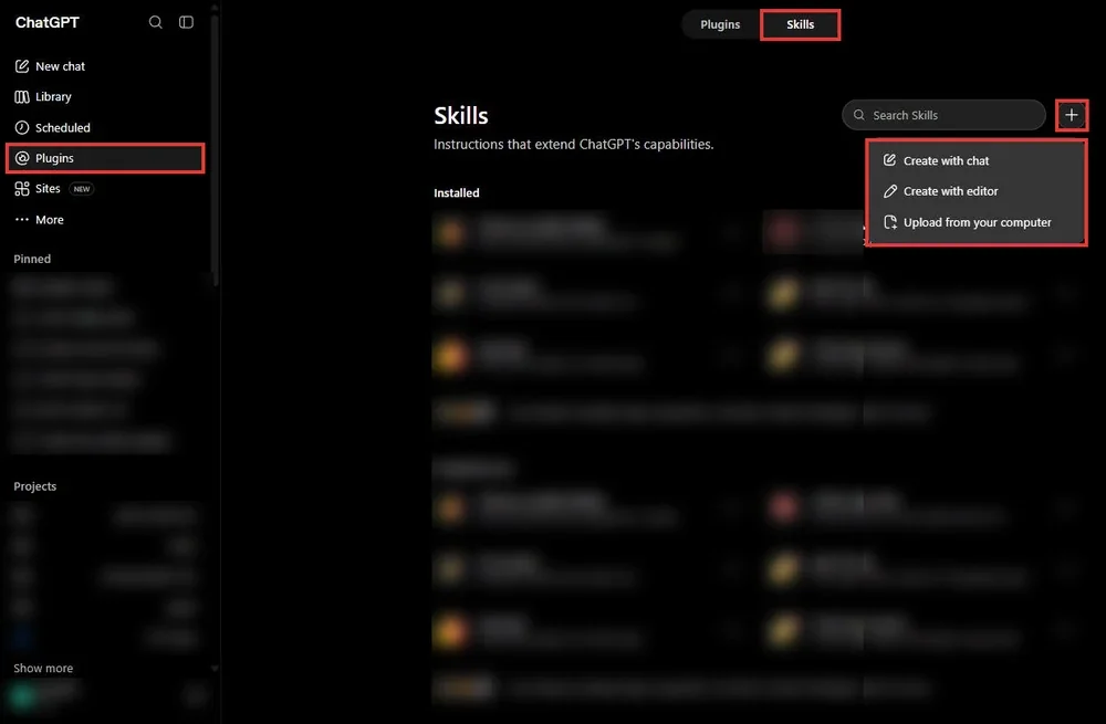 ChatGPT: Plugins בסרגל הצד, המתג Skills למעלה, והכפתור + פתוח עם Create with chat, Create with editor ו-Upload from your computer