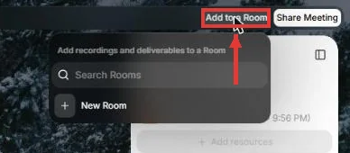 כפתור Add to a Room ותפריט הוספת פגישה לחדר קיים או חדש