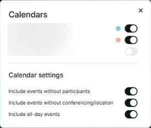 הגדרות Calendars: רשימת יומנים עם מתגים והגדרות אירועים