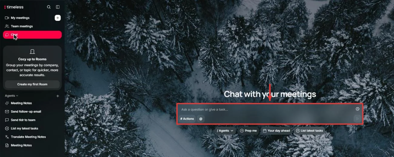 מסך Chat with your meetings עם שדה שאלה והקיצורים Agents, Prep me, Your day ahead ו-List latest tasks